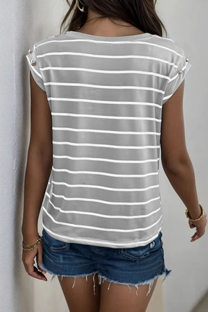 Light Gray and white striped tee with cap sleeves and button shoulder detail.