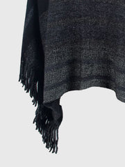 Charcoal striped knit poncho with fringe detail