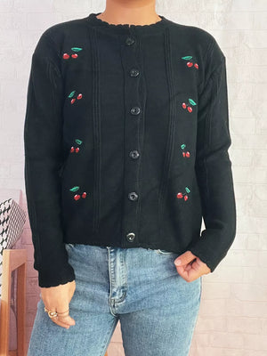 Black cherry embroidered button up cardigan with scalloped trim and ribbed details.