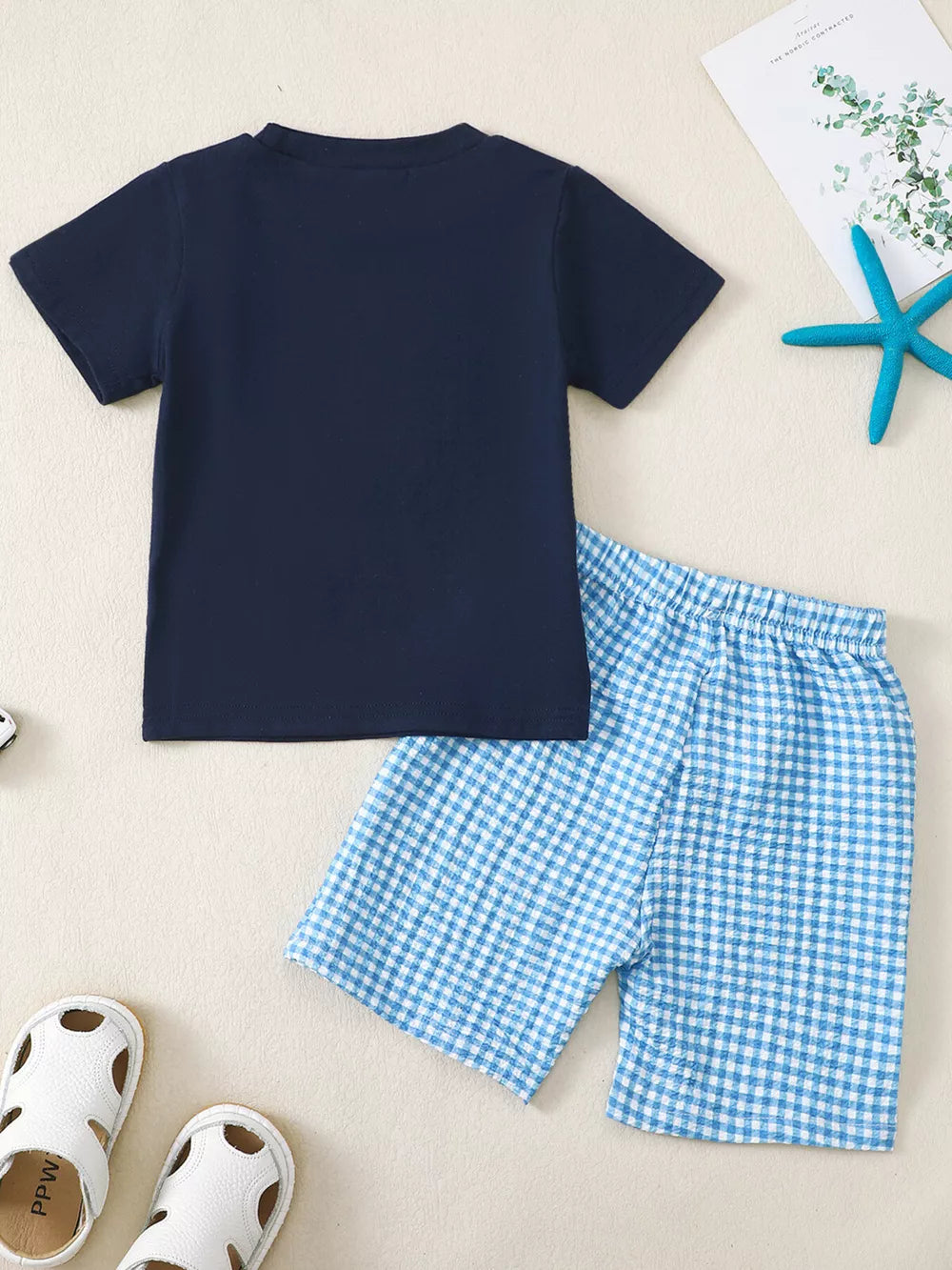 Navy short sleeve tee and blue gingham shorts set for baby boys.