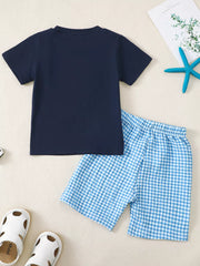 Navy short sleeve tee and blue gingham shorts set for baby boys.