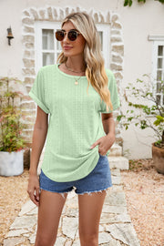 Light Green perforated sleeve tee with rolled cuffs and crew neck.