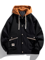 Black hooded button-up jacket with brown hood and white drawstrings.