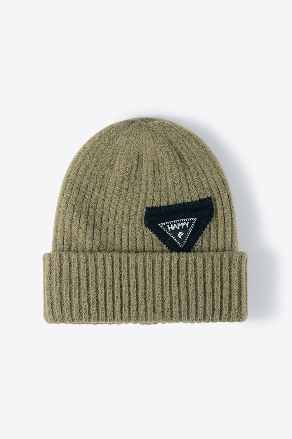 Green ribbed acrylic beanie with a black triangle patch that says HAPPY