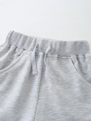 Toddler boys' grey cotton sweat shorts with drawstring waist and pockets.