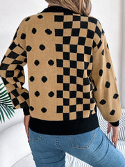 Camel knit sweater with checkerboard and polka dot intarsia pattern, crew neck, long sleeves.