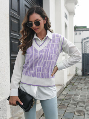 Plaid knit vest in lavender and white with V-neck, layered over a white shirt.