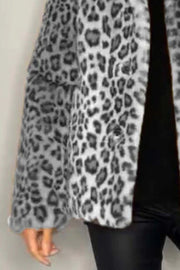 Leopard print faux fur collar coat in gray with black accents, open front, long sleeves.