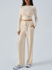 Tan ribbed knit crop top and wide leg pants set with drawstring waist