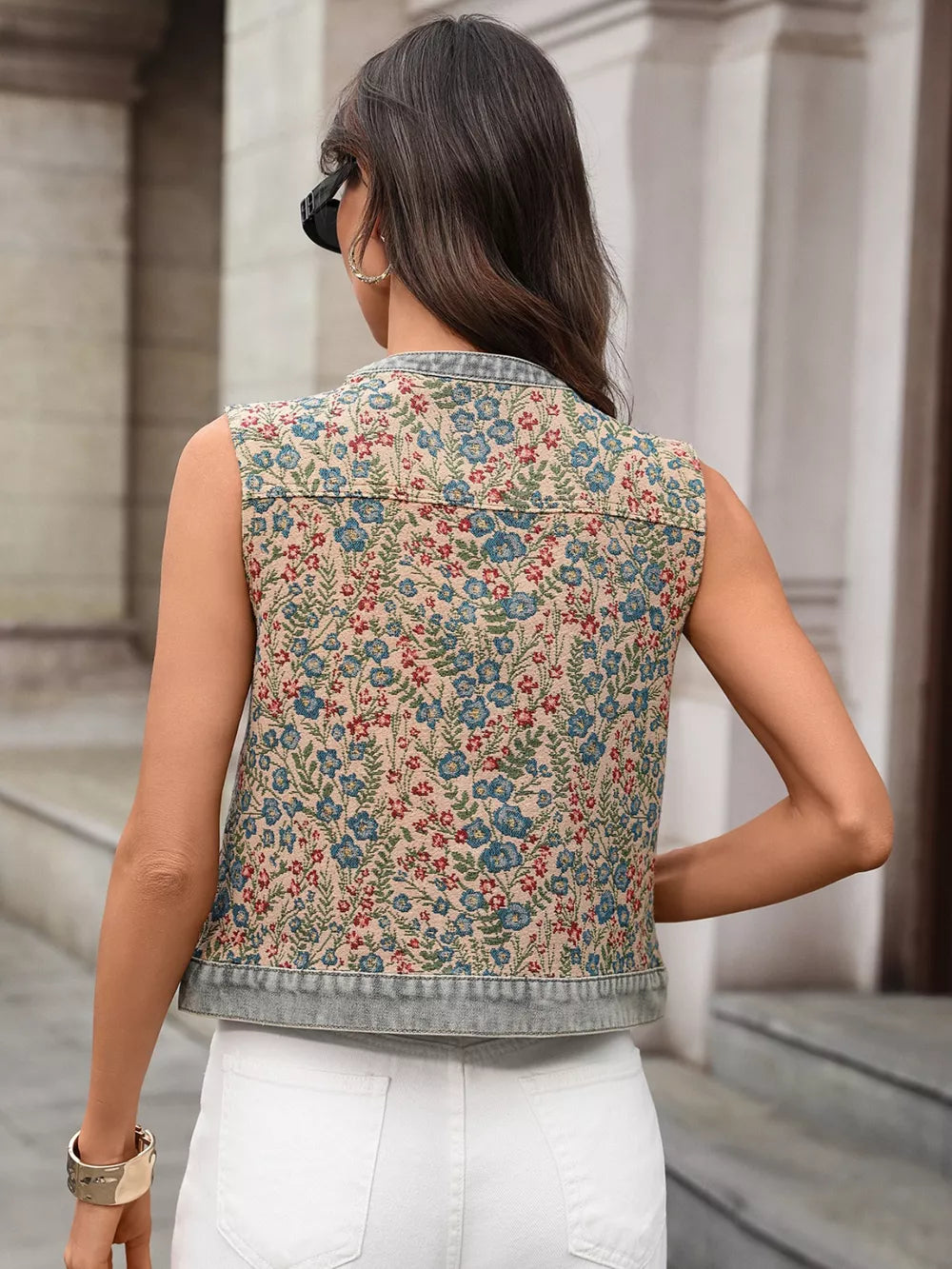 Floral tapestry denim vest top with button-down front and collar.