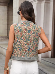 Floral tapestry denim vest top with button-down front and collar.