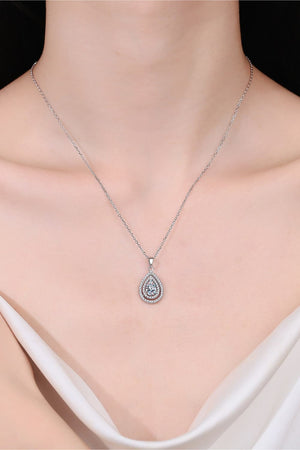 Silver double halo moissanite teardrop necklace on a sterling silver chain.