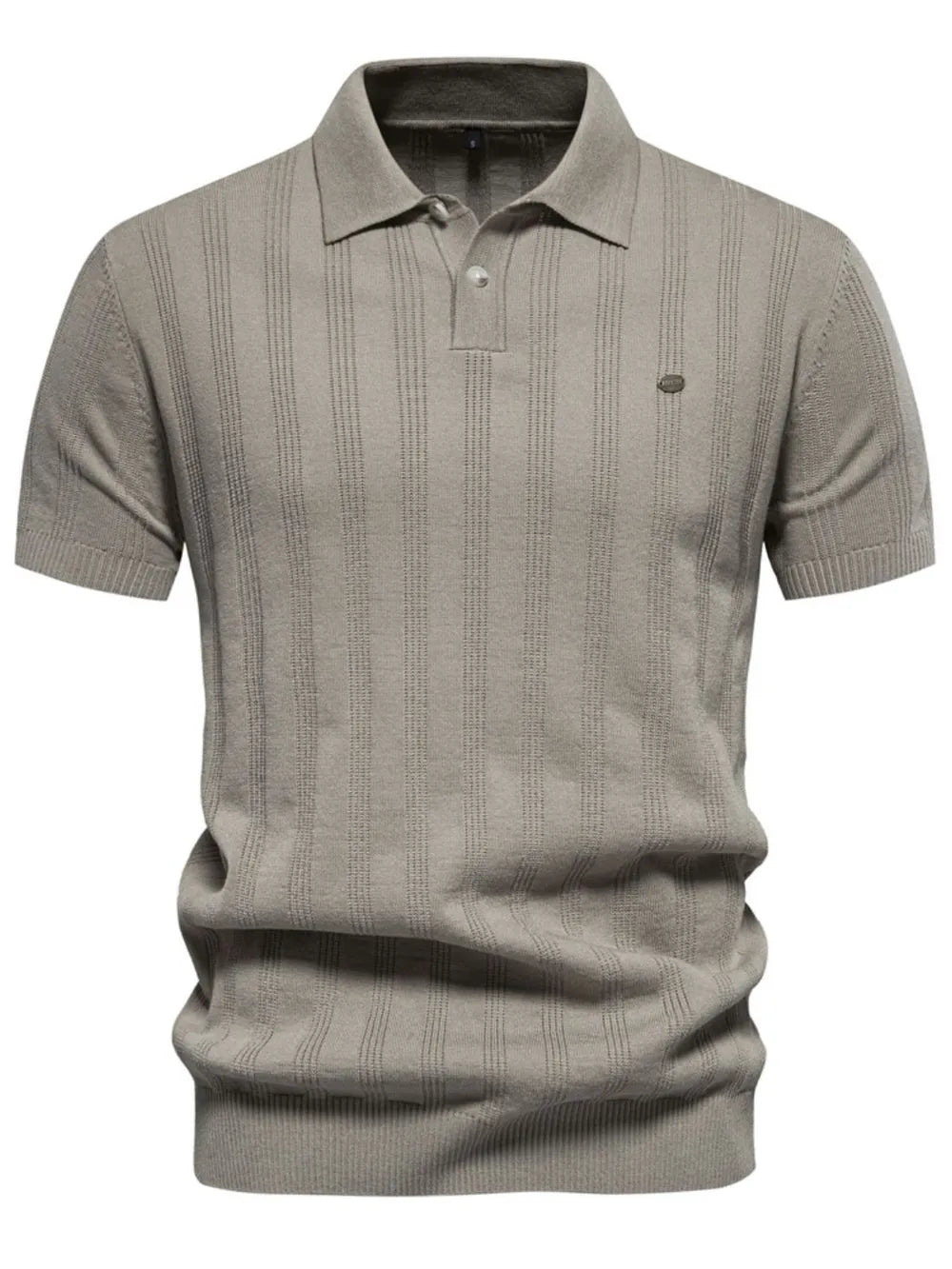 Beige textured ribbed knit polo shirt with short sleeves and a button placket.