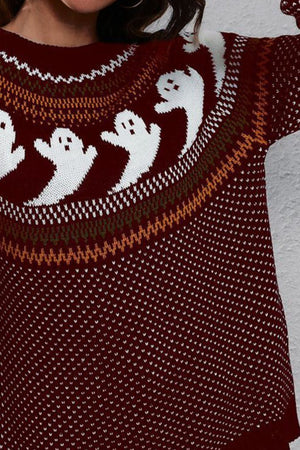 Wine acrylic crewneck sweater with white ghost jacquard pattern and fair isle trim.
