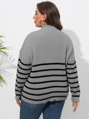 Gray ribbed knit sweater with black stripes and band collar.