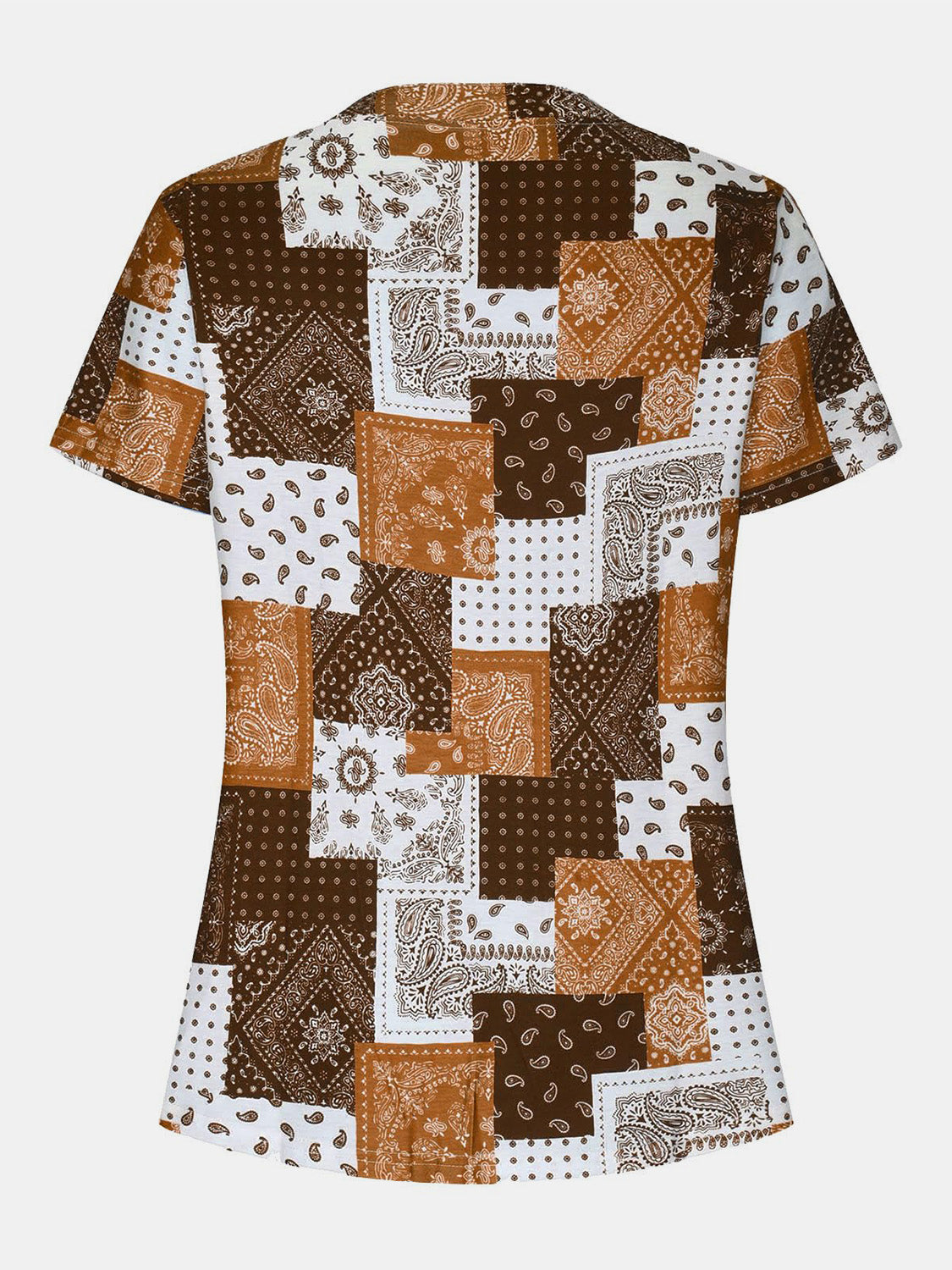Bandana patchwork henley blouse in brown and white with short sleeves and a buttoned neckline.