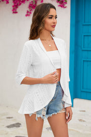 White perforated peplum sleeve cardigan with open front and 3/4 sleeves.