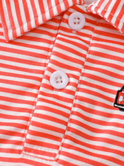 Coral striped cotton baby polo shirt with embroidered firetruck detail and white buttons.