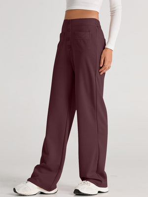 Button-front wide leg trousers in Deep Purple with a high waist and two front pockets.