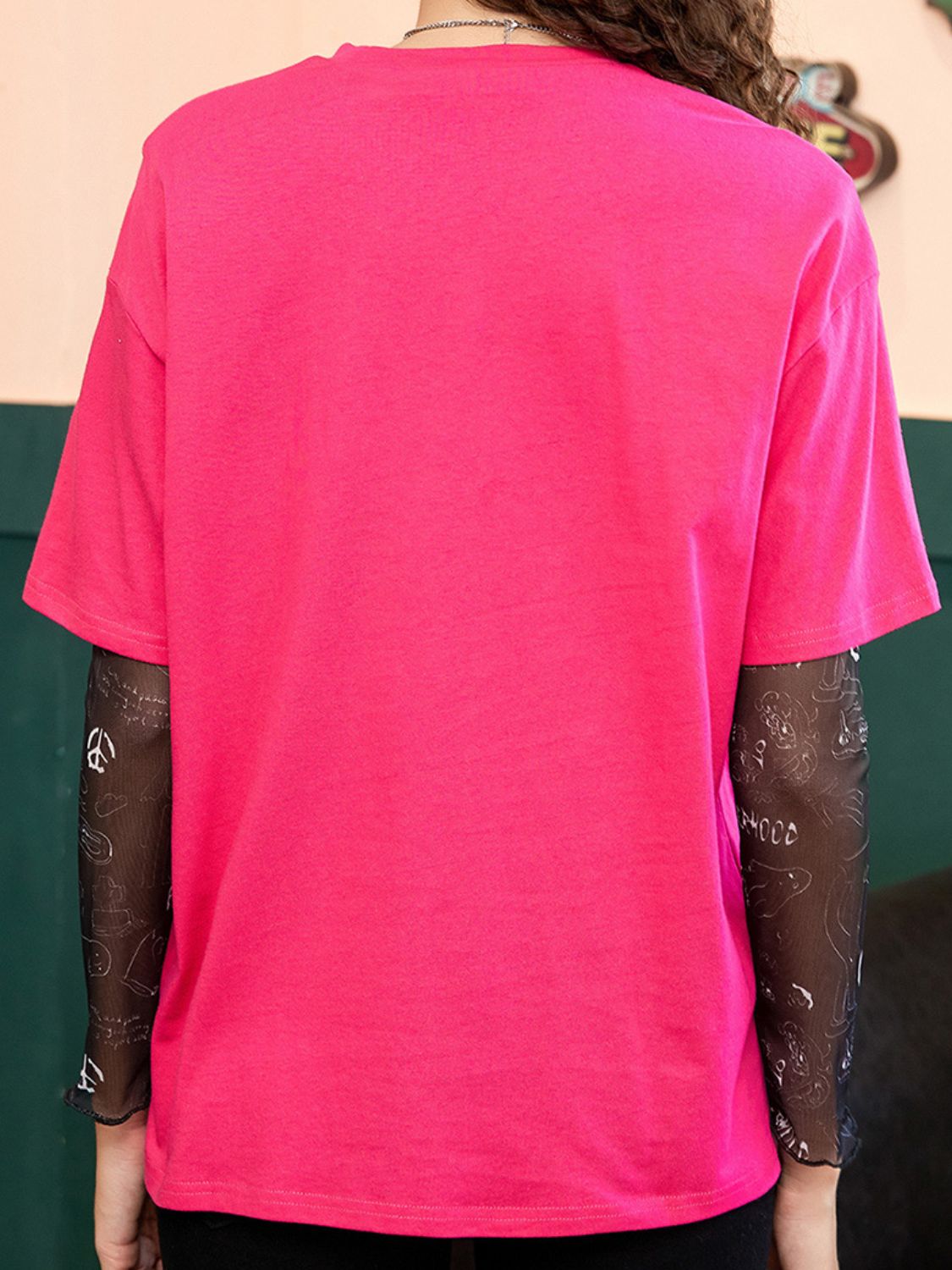 Varsity Number Tee in Strawberry with mesh sleeves featuring graphic print.