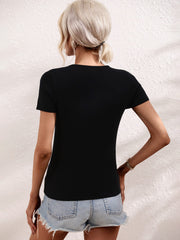 Black knit t-shirt with short sleeves and a crew neck, shown from the back.