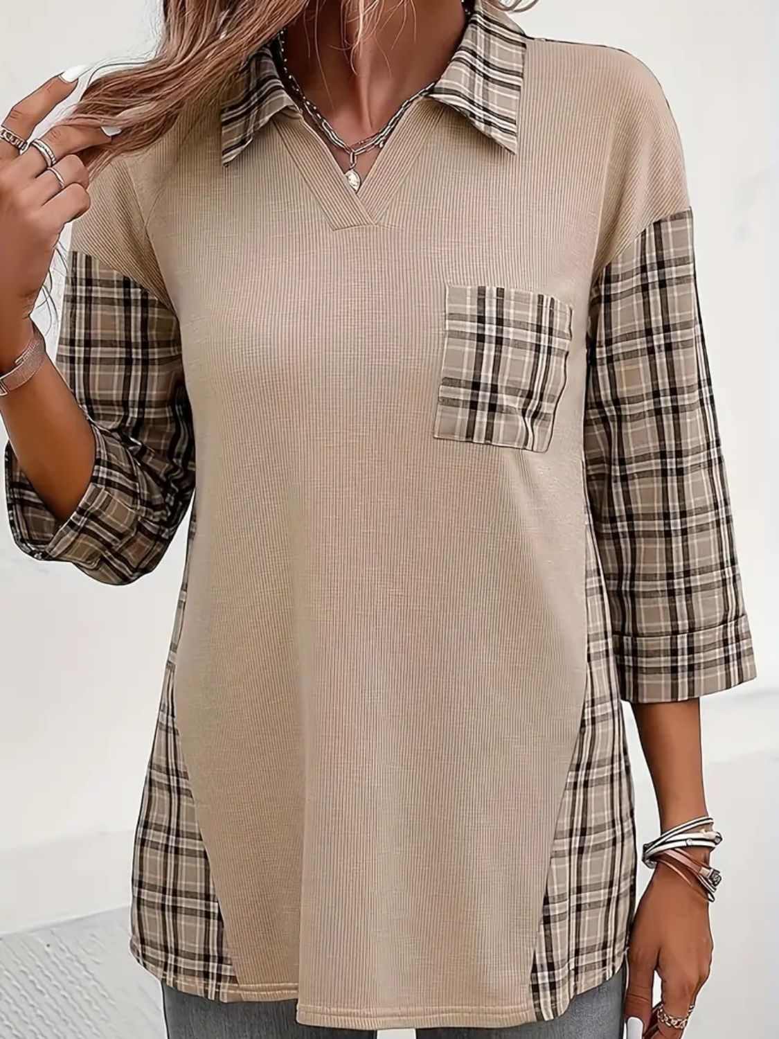 Plaid-panel ribbed knit shirt in Dust Storm with a V-neck, collar, and chest pocket.