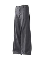 Men's dark gray wide-leg trousers with button closure and belt loops.