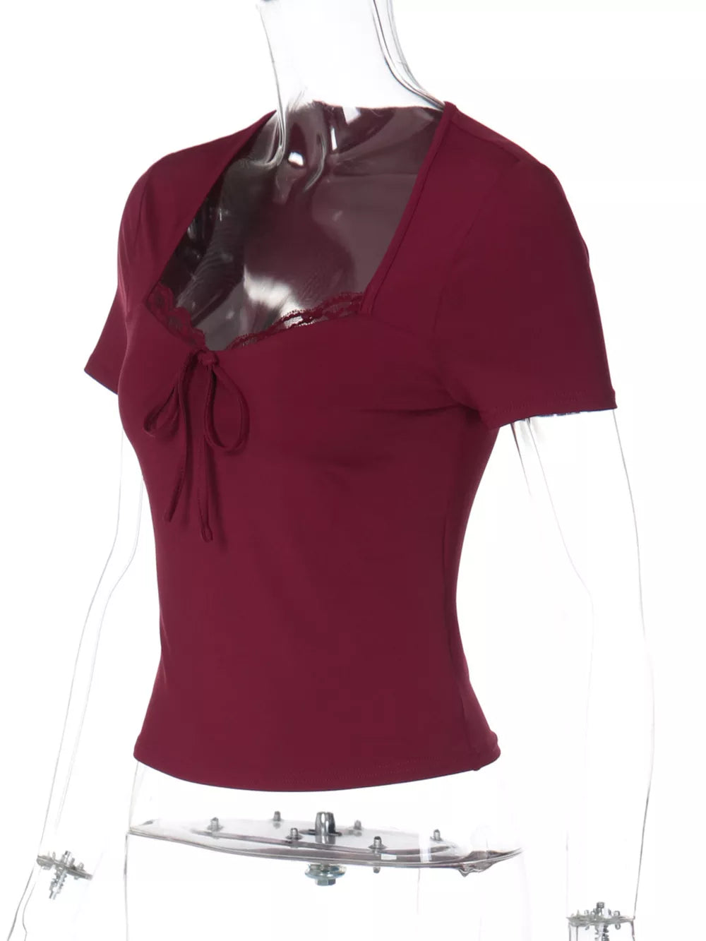 Wine red tie-front t-shirt with lace trim and square neckline