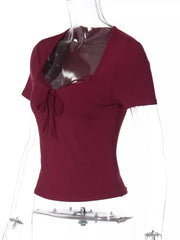 Wine red tie-front t-shirt with lace trim and square neckline