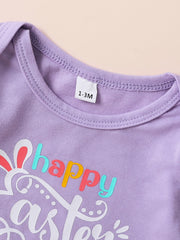 Lavender baby bodysuit with "happy easter" graphic and bunny ears detail