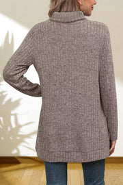 Ribbed knit turtleneck tunic top in mocha with long sleeves and a relaxed fit.