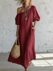 One-shoulder Puff Sleeve Maxi Dress in Sky Blue, close-up detail