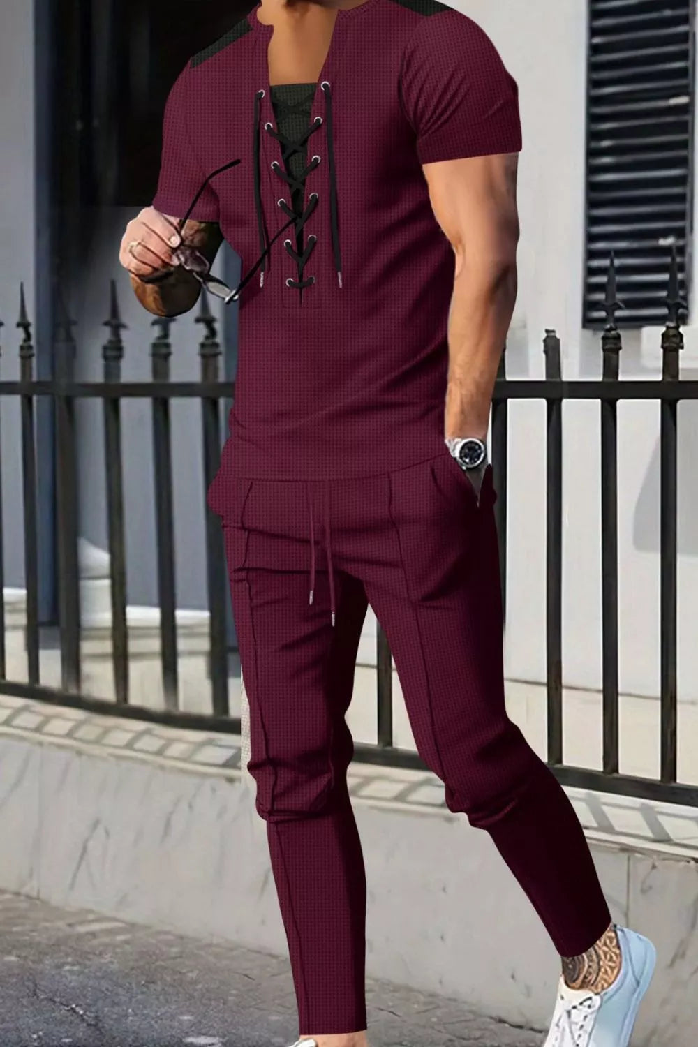Men's Full Size Lace-up Front Top And Pants Set, alternate angle
