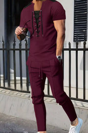 Men's Full Size Lace-up Front Top And Pants Set, alternate angle