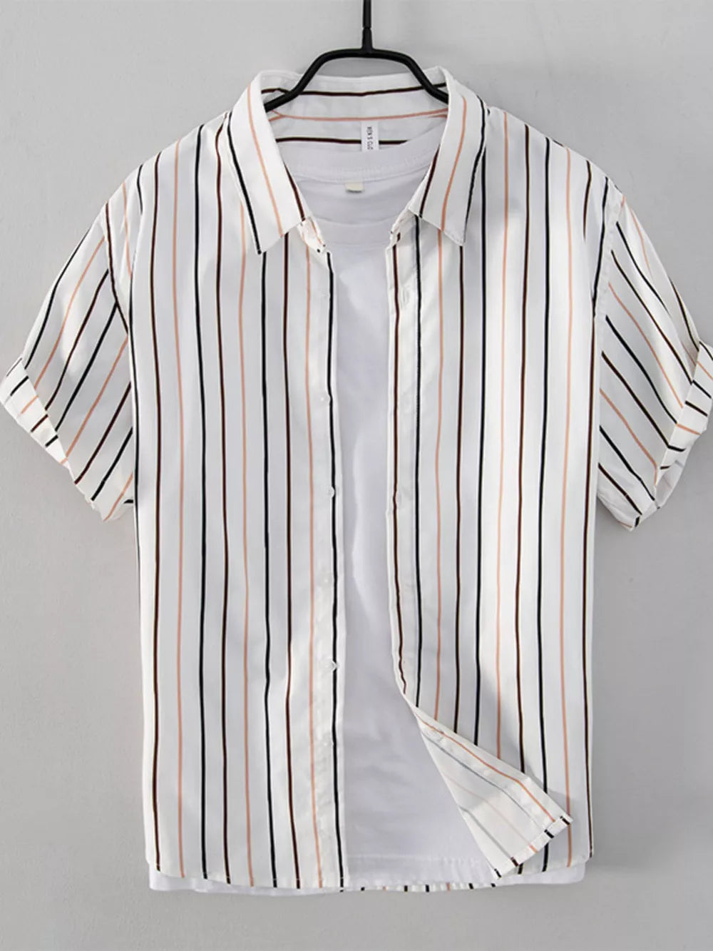 Men's Plus Size Striped Button Up Shirt in Coffee, front view