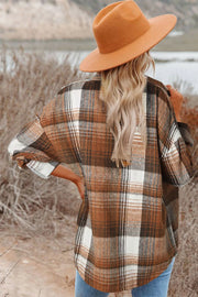 Plaid Button Up Shacket in Caramel, back view