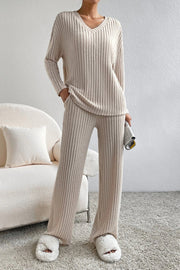 Cozy ribbed knit lounge set in Camel with V-neck top and wide-leg pants.