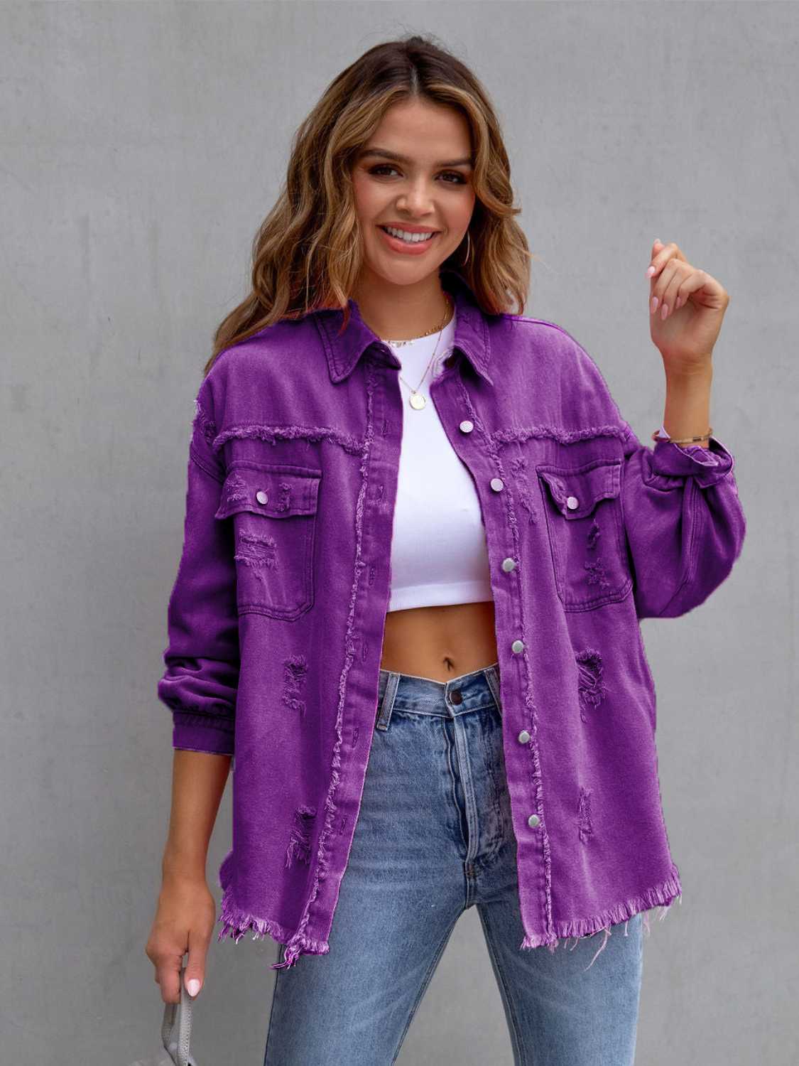 Purple distressed denim shacket with frayed hem and pockets.