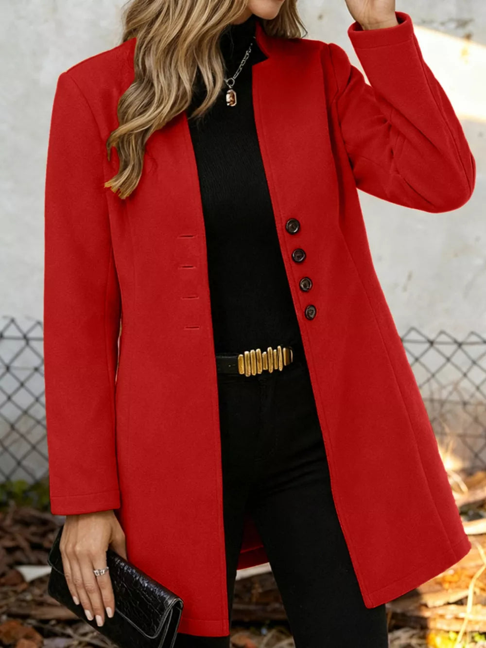 Chic longline trench coat in Scarlet with button-down front and collarless neckline.