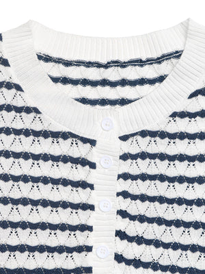 Chic striped knit cardigan with button placket and open knit detail