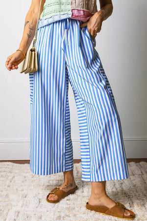 Maternity wide-leg ankle pants with pockets in blue and white vertical stripes and a drawstring waist.