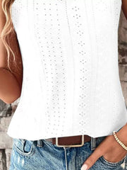White eyelet lace V-neck tank top with a relaxed fit and breathable fabric.