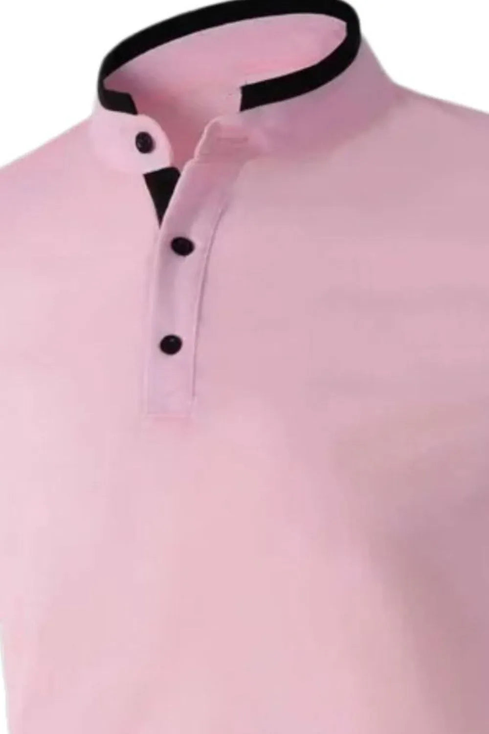 Men's dusty pink polo shirt with contrast black collar and button placket.