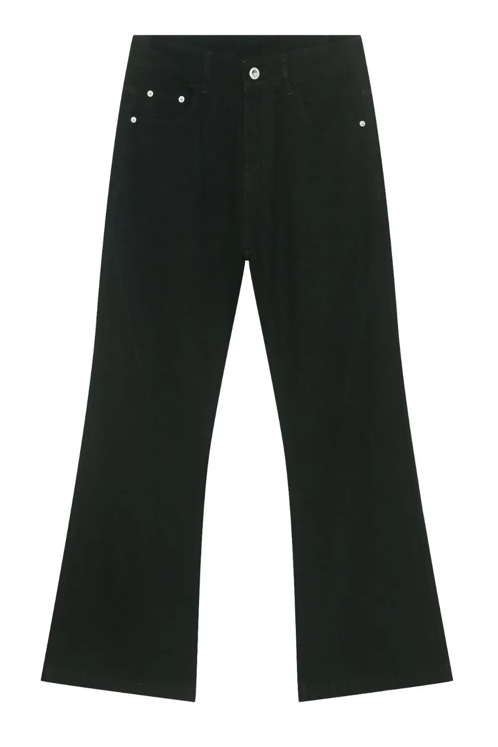 Black bootcut denim jeans with silver button closure and rivets