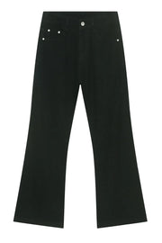 Black bootcut denim jeans with silver button closure and rivets