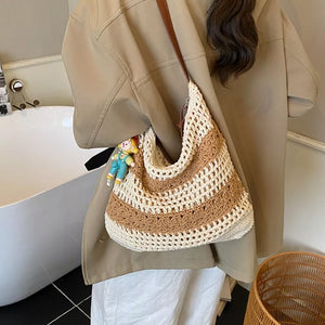 Crochet Knit Shoulder Bag in Tan, front view