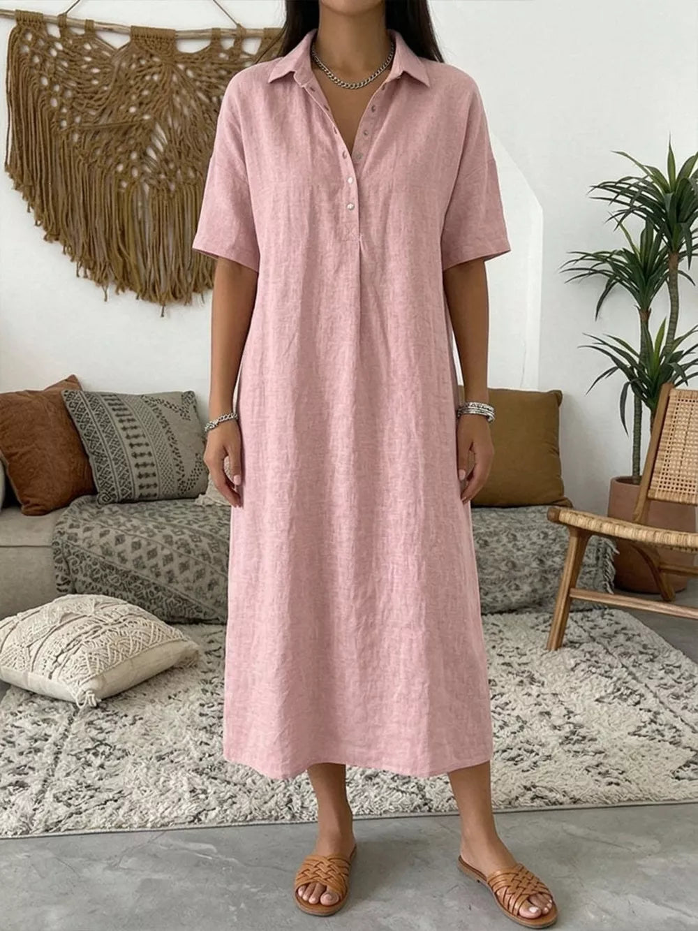 Full Size Button Detail Half Sleeve Dress Plus Size, front view