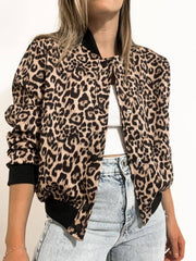 Leopard print bomber jacket with black collar and cuffs, button front, and pockets.