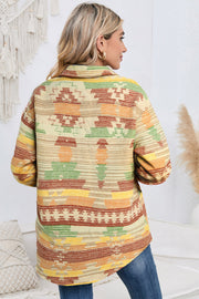 Aztec print shacket with patch pockets in tan, green, orange, and yellow.