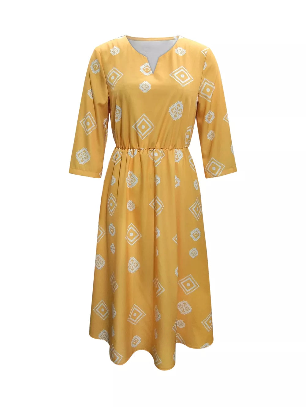 Yellow geometric print midi dress with 3/4 sleeves and notched neckline